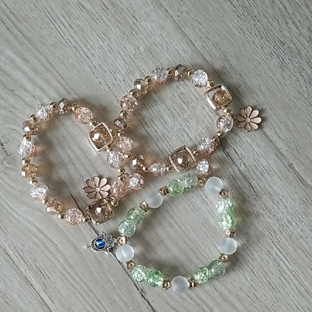 Elegant Gold and Green Beaded Bracelets Set